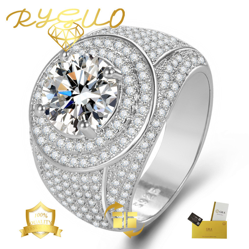 RYGUO Cincin Dominan Moissanite Emas Putih 18K