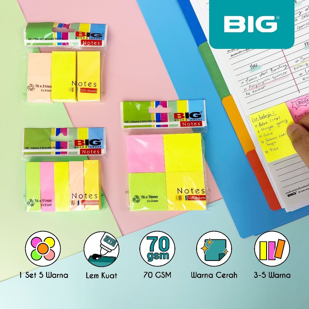 

Sticky Notes Warna BIG 7651/7676 Notes Tempel Kertas Memo 3W 4W 5W – Lem Kuat 70 GSM