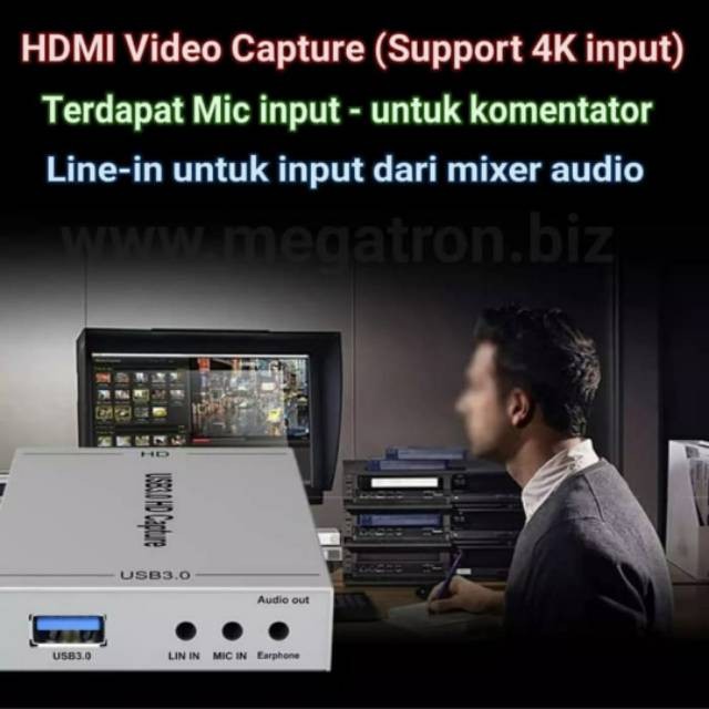USB 3.0 HDMI video capture  - support 4K input - ada Mic-input dan Line-in untuk mixer audio