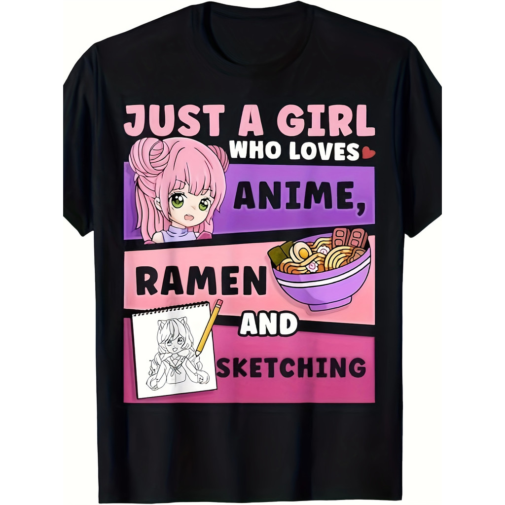 Kaos Gadis Anime Ramen dan Desain Sketsa - Katun Lembut, O-Neck Kasual, Bisa Dicuci dengan Mesin, Hi