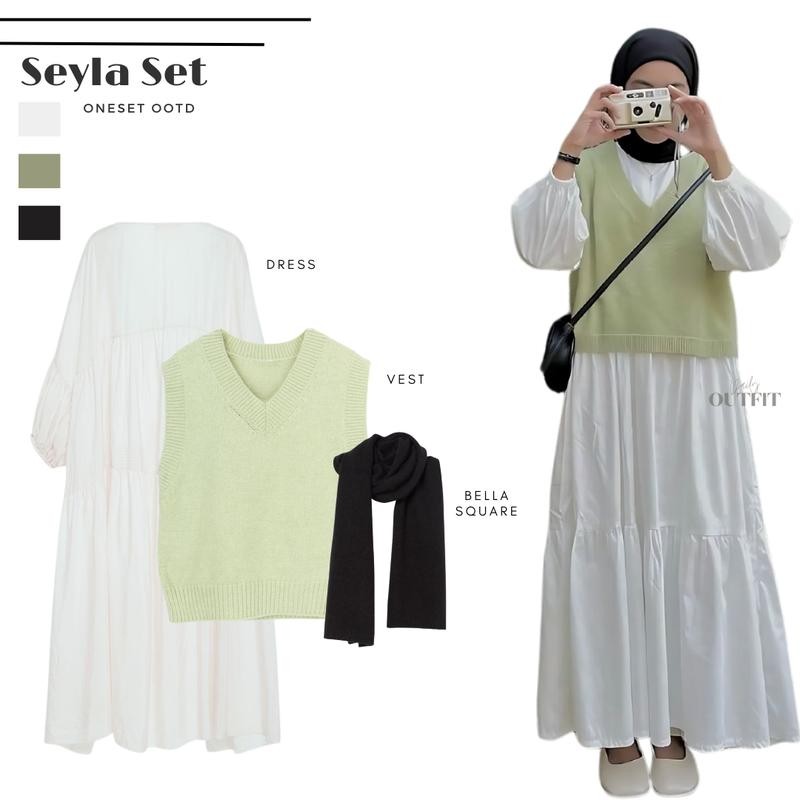 Outfit Wanita Hijab Kekinian ( Vest Rajut + Inner Dress + Pashmina ) One set OOTD Lebaran - Seyla