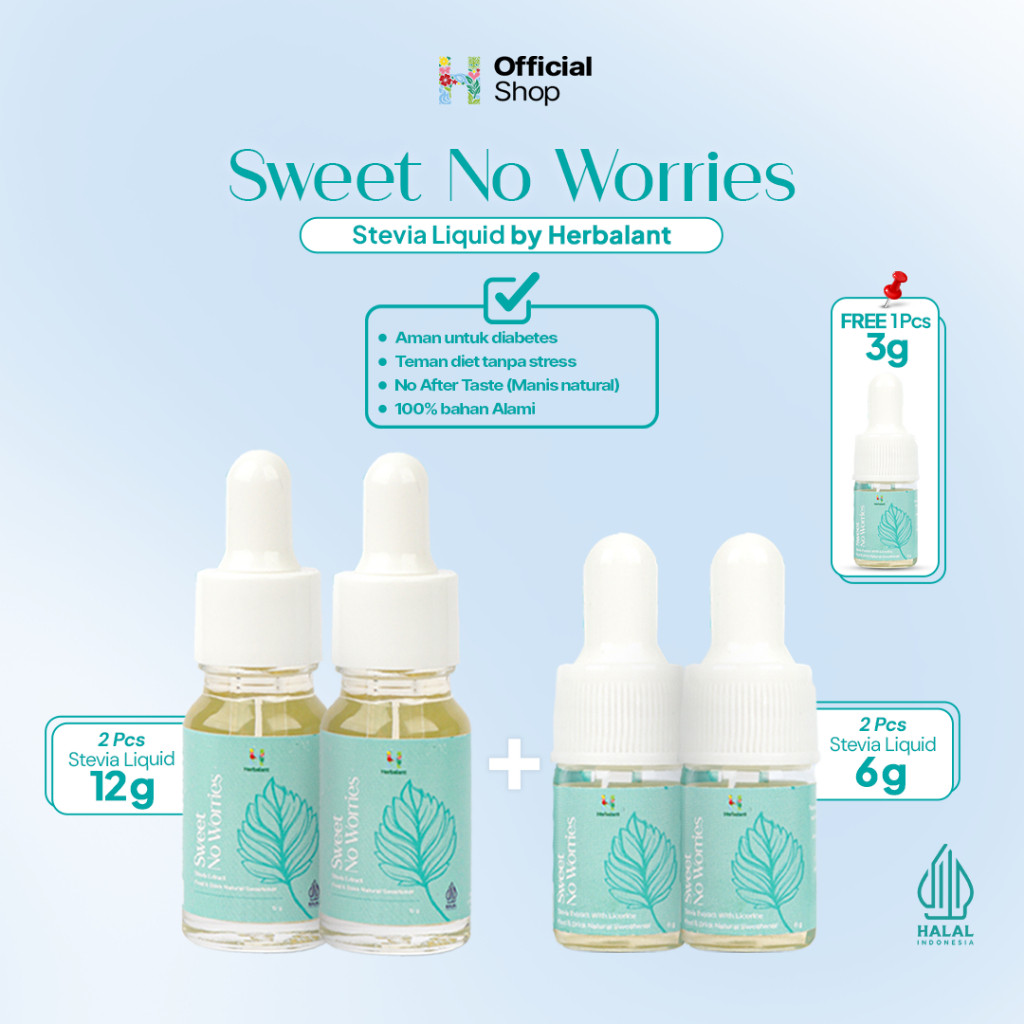 

Lebih Hemat - ⁠Beli 2pcs 12g + 2pcs 6g Herbalant Stevia Free 1 pcs 3g | Stevia Cair | Gula diet