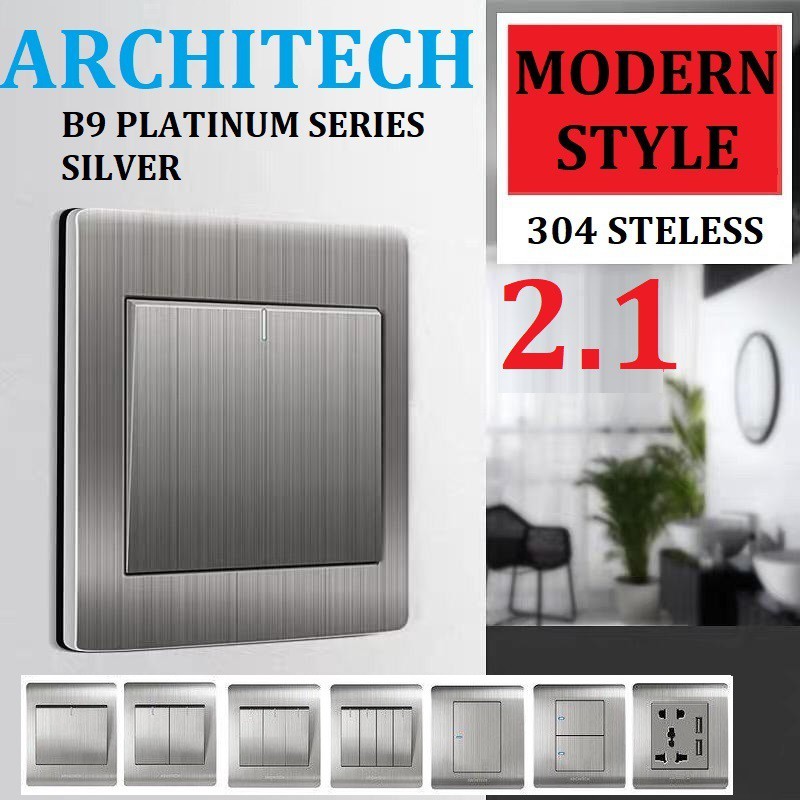 Architech B9 Platinum Silver Saklar Lampu/ Stop Kontak Saklar/ Saklar Rumah Architech Gabungan sakla