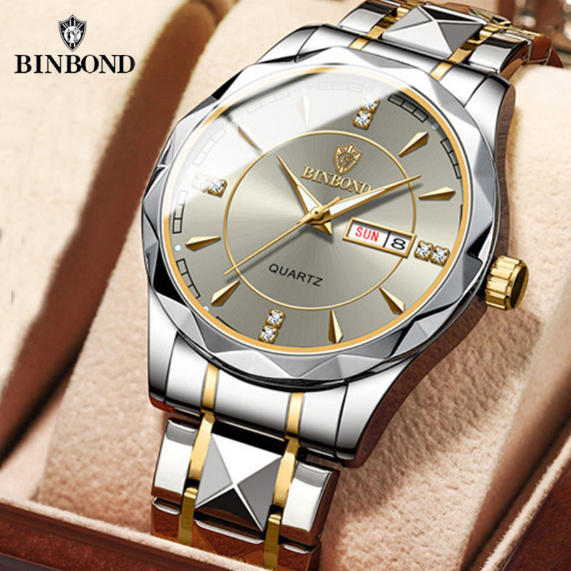 BINBOND Luxury Fashion Quartz Watch Men Waterproof Week Date Clock Stainless Steel Sport Business Wa