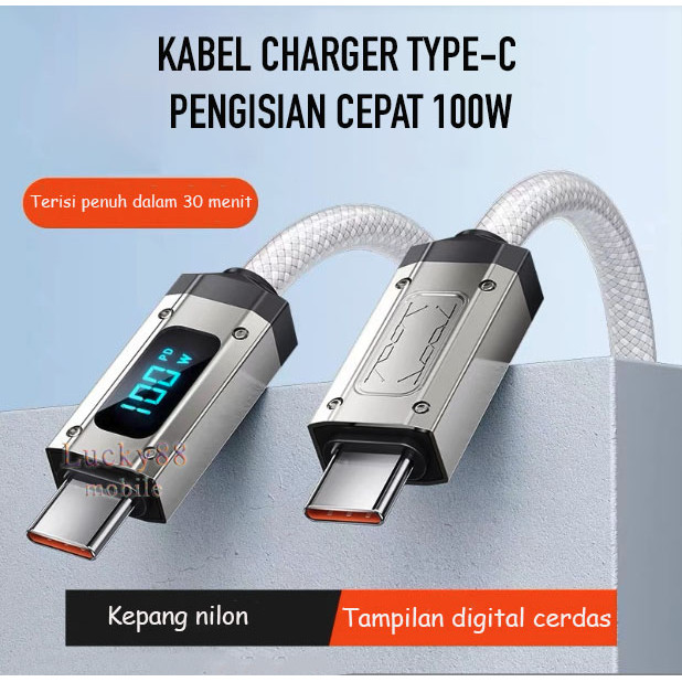 100W Kabel Data Charger Super Cepat Dengan Tampilan Digital Cerdas LED Type-C Usb C 6A 480Mbps Kecep