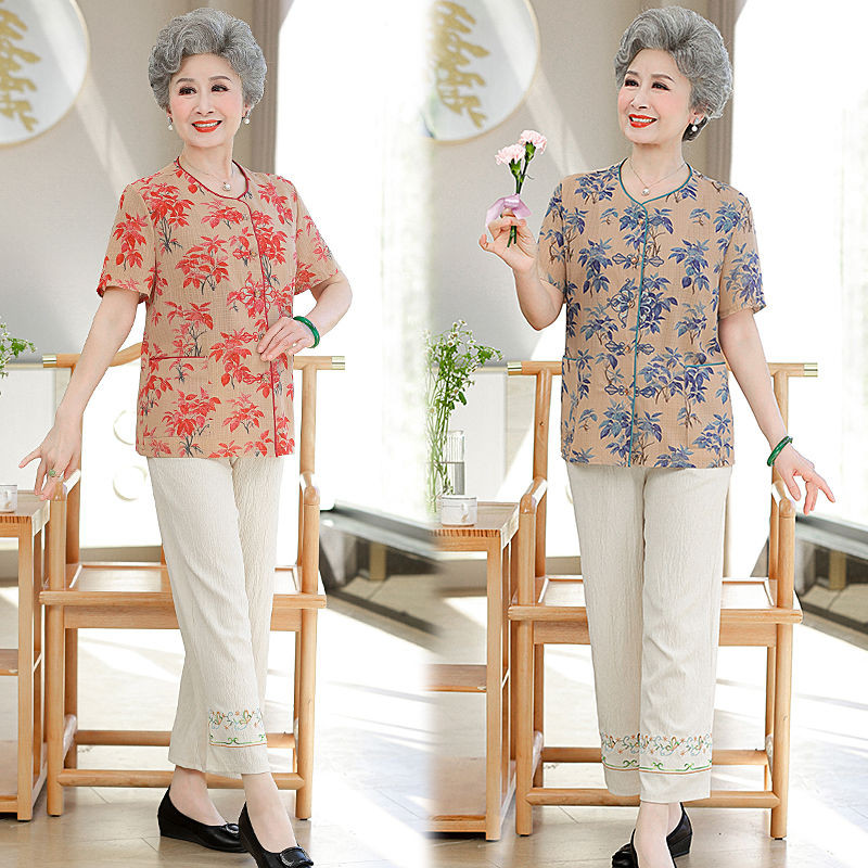 Setelan nenek lengan pendek wanita paruh baya dan lansia setelan baju kardigan lansia atasan baju at