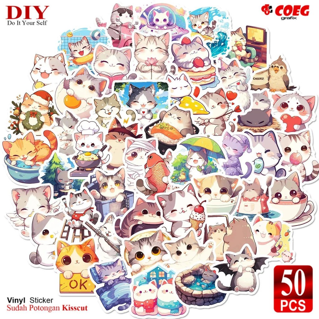 

50 PCS Stiker Kartun Kucing Lucu CG75 - Stiker Vinyl Tahan Air untuk HP, Gitar, Laptop, Notebook, Koper, Mainan Anak, dan Dekorasi Kreatif Paper Stationery