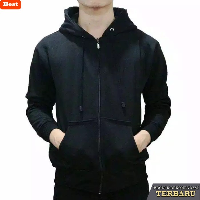 hoodie pria keren (COD) Jaket Hoodie Polos Zipper Pria/Wanita Tebal Premium Hitam - Hitam, M