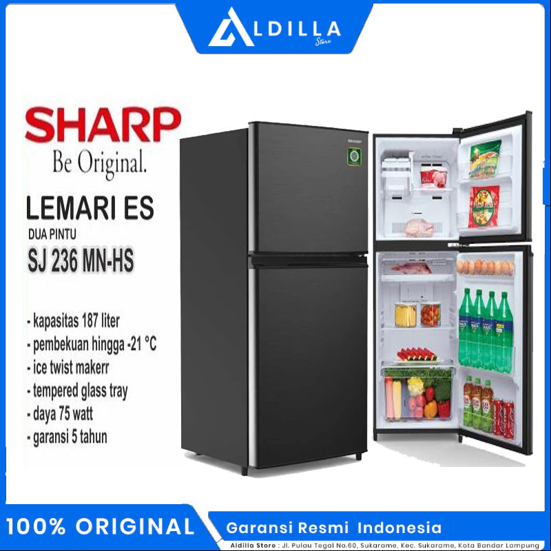 SHARP Kulkas 2 Pintu 205L Low Watt 75W SJ-236MN HS Kirei SJ236MN 236MNHS Garansi resmi FREE ONGKIR B