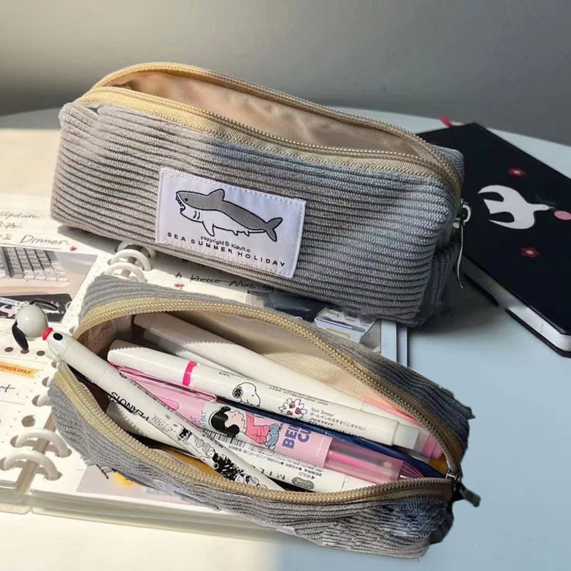 

Cute Shark Pencil Case Uni Korean Style Dirty Corduroy Resistant Storage Bag for Girls School Student Supplies Stationery