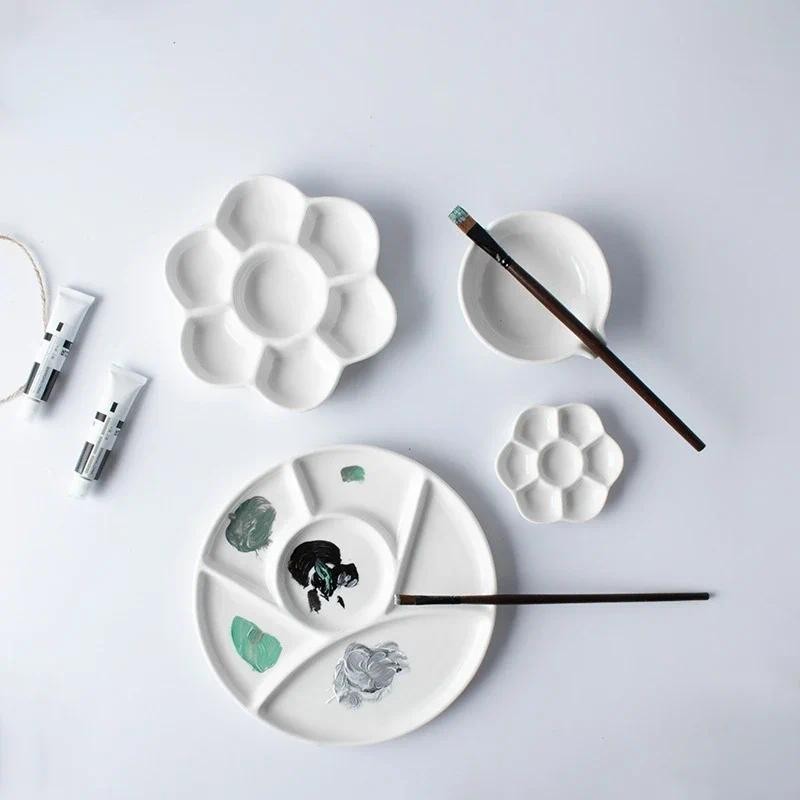 

New Simple Ceramic Multi-grid Palette Watercolor Gouache Acrylic Painting Art Supplies White Porcelain
