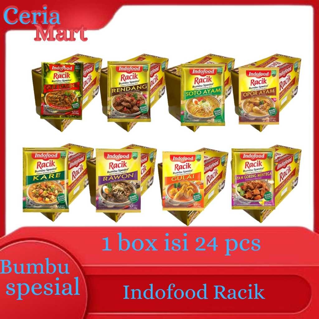 

INDOFOOD BUMBU INSTAN / BUMBU RACIK / BUMBU SIAP SAJI / PER BOX ISI 24 PCS / RACIK RENDANG / RACIK KARE / RACIK OPOR / RACIK GULAI / RACIK GULE DAGING / RACIK SOTO / RACIK AYAM MENTEGA / RACIK RAWON