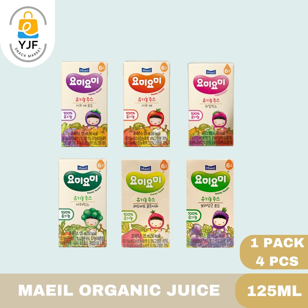

Maeil Yummy Yummy Organic Juice / Jus Organic Rasa Apple Pear & Grape / Apple & Pear / Mixed Fruit / Mixed vegetable / Red Beet & Golden apple / Purple Carrot & Grape 125ml 1 Pack / 4 Pcs