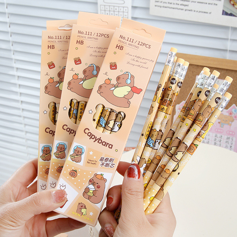 

Capibala Pencils with Erasers Cute People Writing Pencils Cartoon Animals Wooden Pencils Student Stationery Gifts Party Gifts