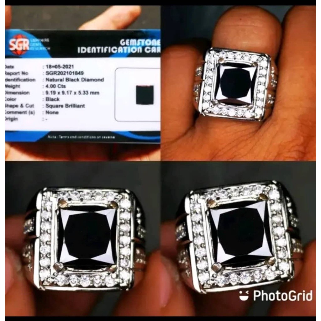 Cincin Batu Permata Natural Black Diamond Moissanite Kotak + Memo