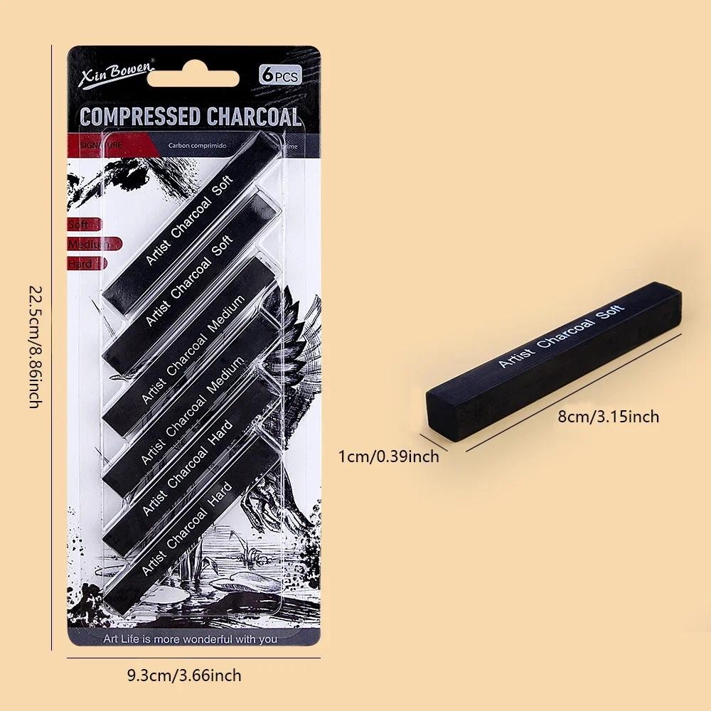 

6pcs Sketch Charcoal Bars Set Soft Medium Hard Compressed Charcoal Sticks for Artists Students Sketching Drawing Art Supplies