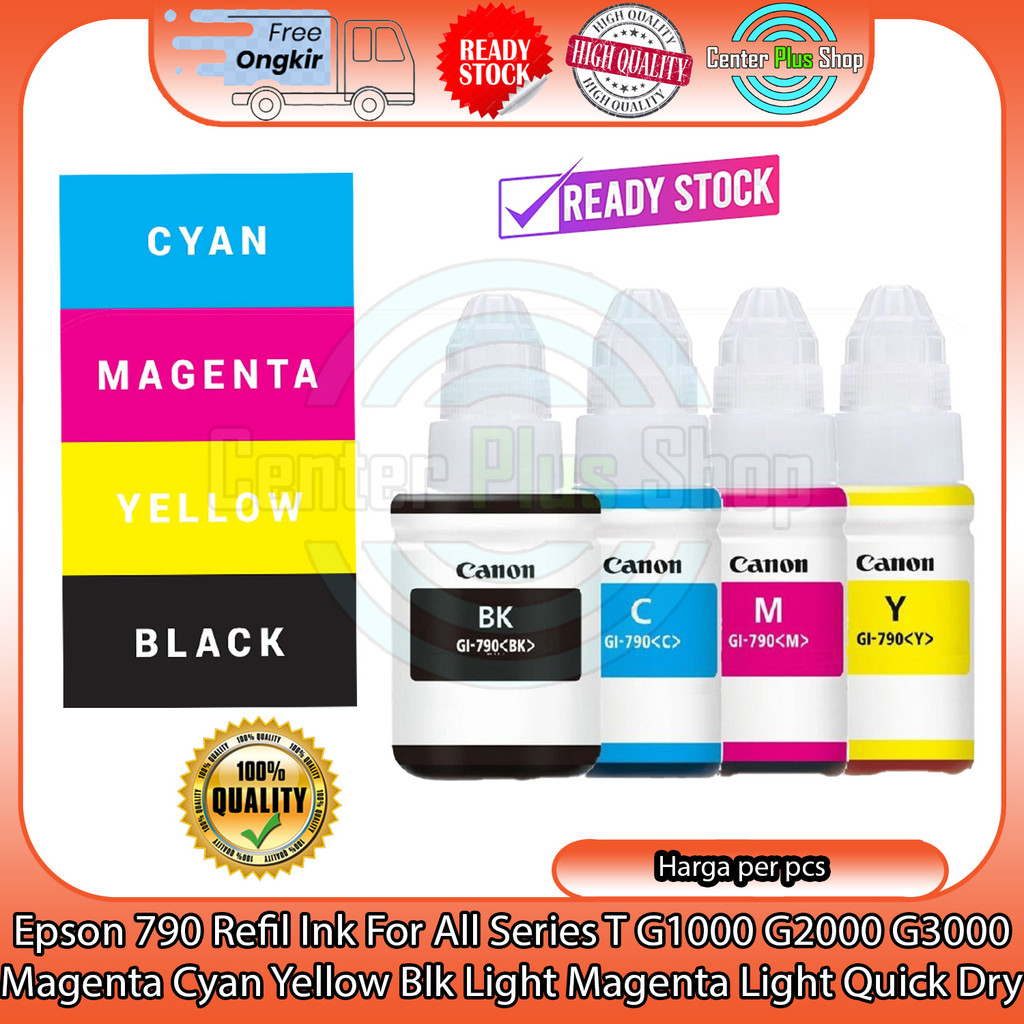 Canon Pixma Gi 790 Tinta Printer G1000 G2000 G3000 G2010 Ink Refil Repil Refill Magenta Cyan Yellow 