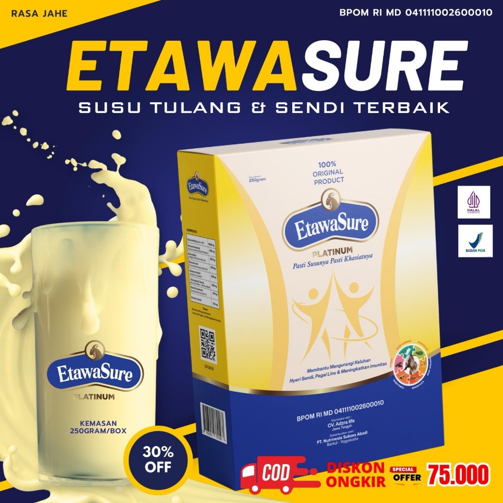 

Susu Etawasure – Susu Kambing Etawa 8 Bahan herbal alami kemasan 250gram/box - Susu Etawasure Untuk Nyeri Sendi dan Asam Urat Cocok untuk pegal linu - Susu Etawasure untuk syaraf kejepit dan osteoporosis - Susu Etawasure Resmi BPOM