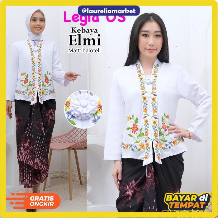 Terlaris Atasan Kebaya Encim Bordir Lengan Panjang Elmi - PUTIH, M