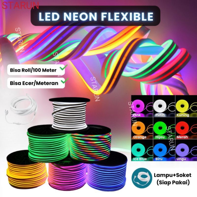 Paket lampu neon ac flex 220V 5-30meter led selang fleksibel 220V warna neon box outdoor