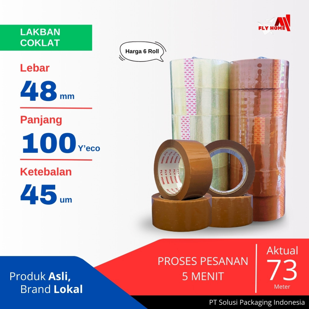 

Flyhome Lakban Coklat 100 Yard 2inci 48mm x 100yard 6 Roll ECO