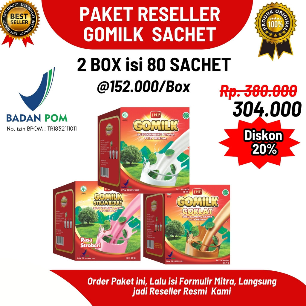 

[ Paket Reseller 2 Box ] GOMILK SACHET Susu Kambing Etawa Plus Herbal isi 80 sachet