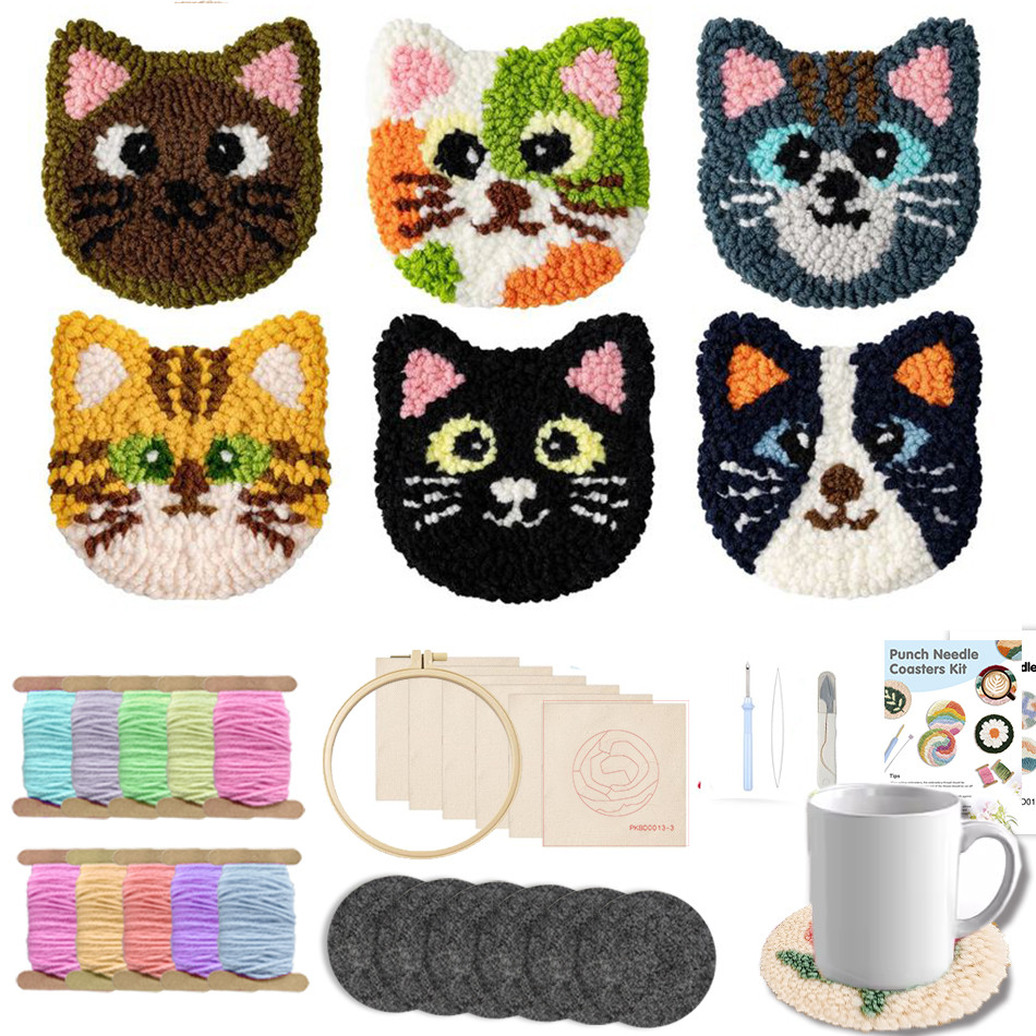 

6pcs Cat Punch Needle Embroidery Coaster Set For Adult Punch Needle Embroidery Set Animal Tufting Coaster Art and Crafts