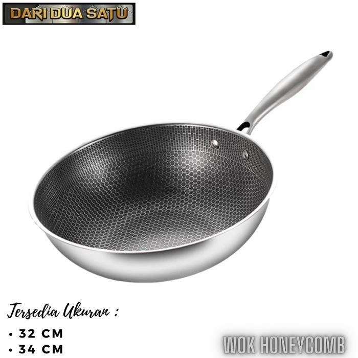 Wok Pan Wajan Penggorengan Gagang Stainless Honeycomb Deep Frypan - 34 cm
