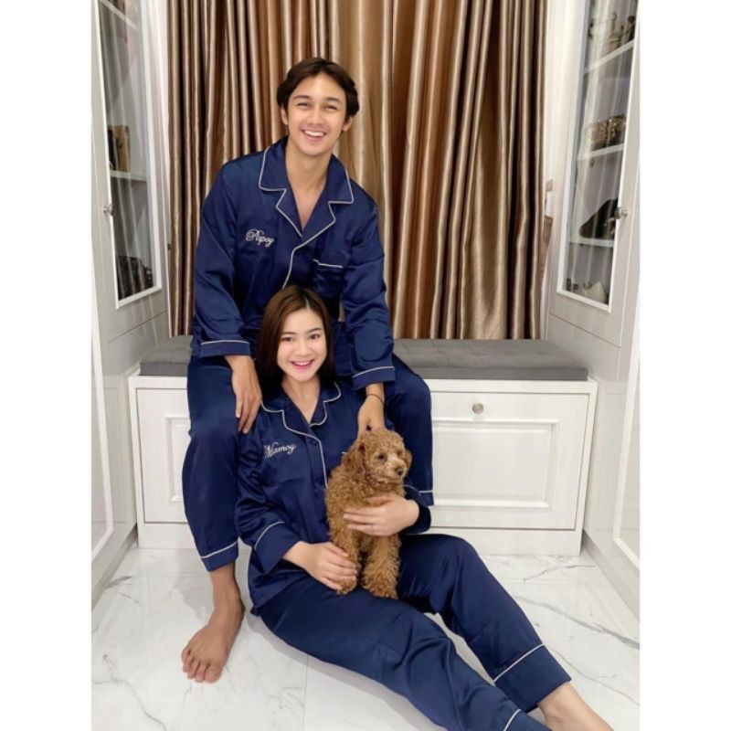 Piyama pajamas baju tidur couple pria wanita custom bordir nama hadiah kado gift nikahan wedding per