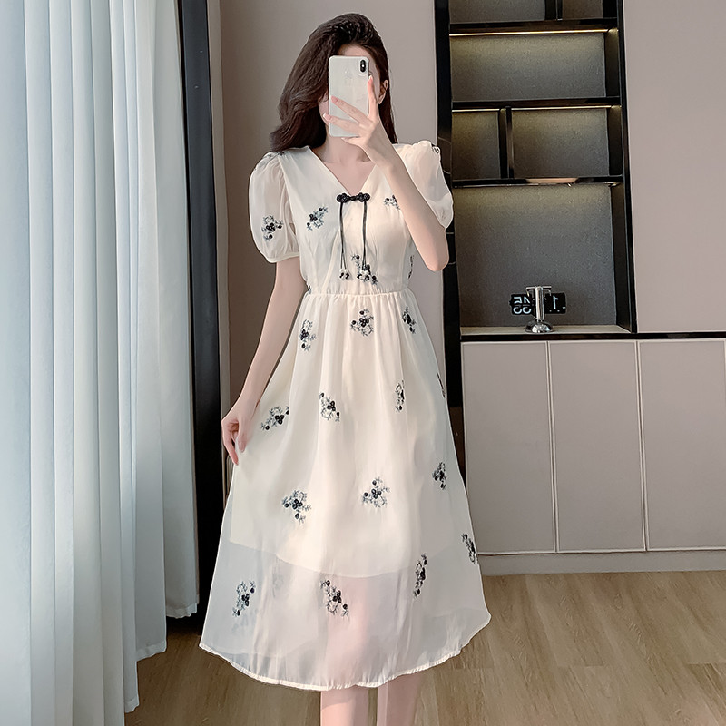 Gaun Panjang Menengah, Lengan Puff Baru Gaya China Bordir Bunga