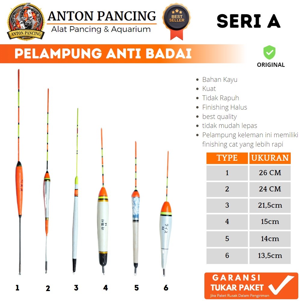 Pelampung Pancing Anti Badai Bahan Kayu Pengait Model Klem Ukuran 13 cm s/d 26 cm Finishing Rapih Da