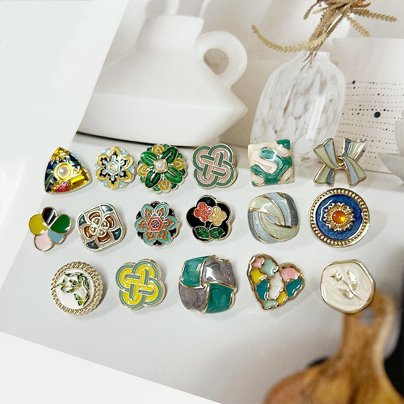 

10PCS Luxcy Retro Palace Style Round Triangle Square Oil Buttons DIY Oil Painting Art Colorful Enamel Craft Clothing Button