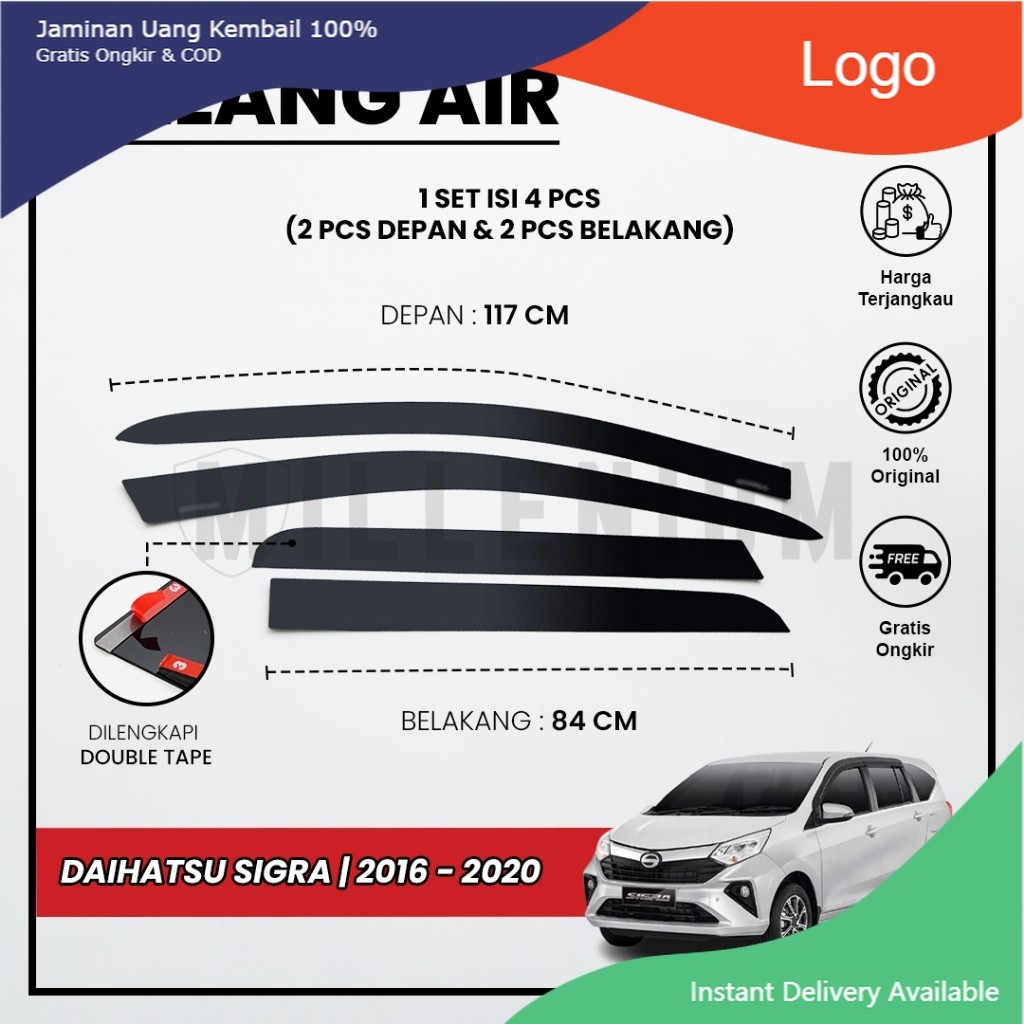 Talang Air Pintu Mobil Daihatsu Sigra 2016 - 2020 Model Flat Rata 4 Pintu Litlle_Variasi