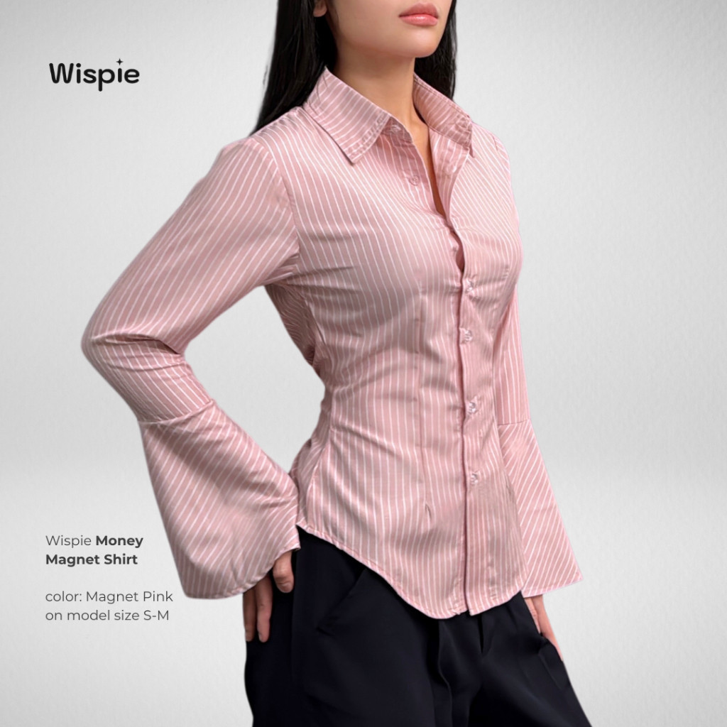 Wispie Money Magnet Fitted Shirt | Kemeja Kerja Wanita Press Body Pinstripe Salur Pink Biru Berkaret