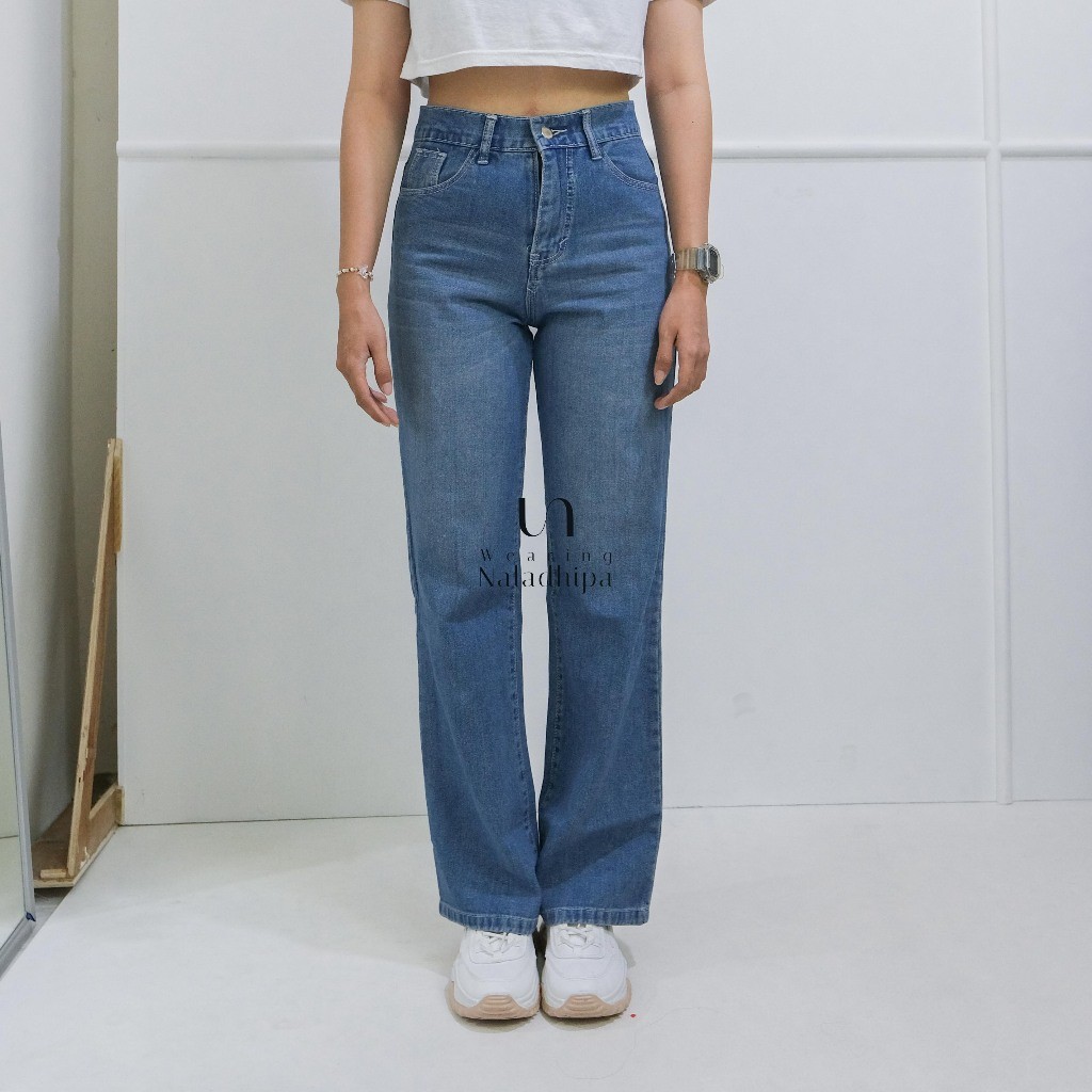 NARA PANTS BIRU SPRAY - Celana Kulot Jeans Highwaist Wanita Loose