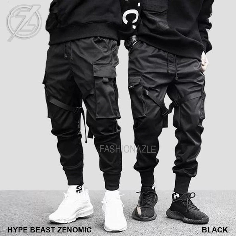 Celana Jogger Pants Hypebeast Pria Zenomic Black Techwear Cyberpunk Cargo Pocket Original Keren Hip 