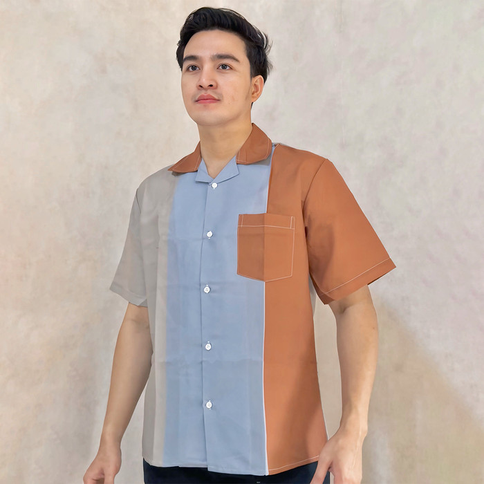 Hem Baju Kemeja Polos Pria Wanita Lengan Pendek Premium Oversize Trend Printing COKLAT ABU 206  5XL