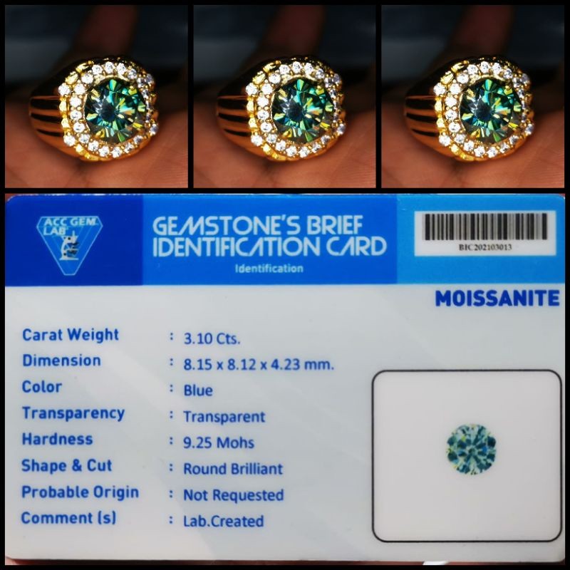 CINCIN BATU PERMATA NATURAL BLUE GRENN MOISSANITE PLUS MEMO