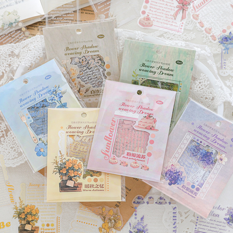 

20 pcs/pack English Text Flowers Material Collage PET Sticker Creative DIY Collage Decor Junk Journal Aesthetics Stationery