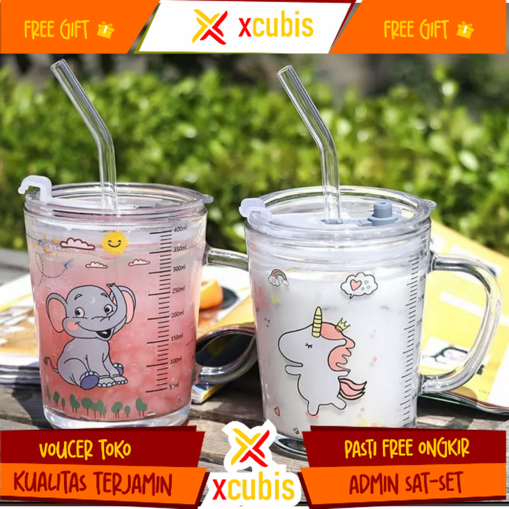 Gelas Minum KACA Anak Motif Animal 400ML + Sedotan /Gelas Cangkir Kaca / Gelas Minum Kaca Motif Anim