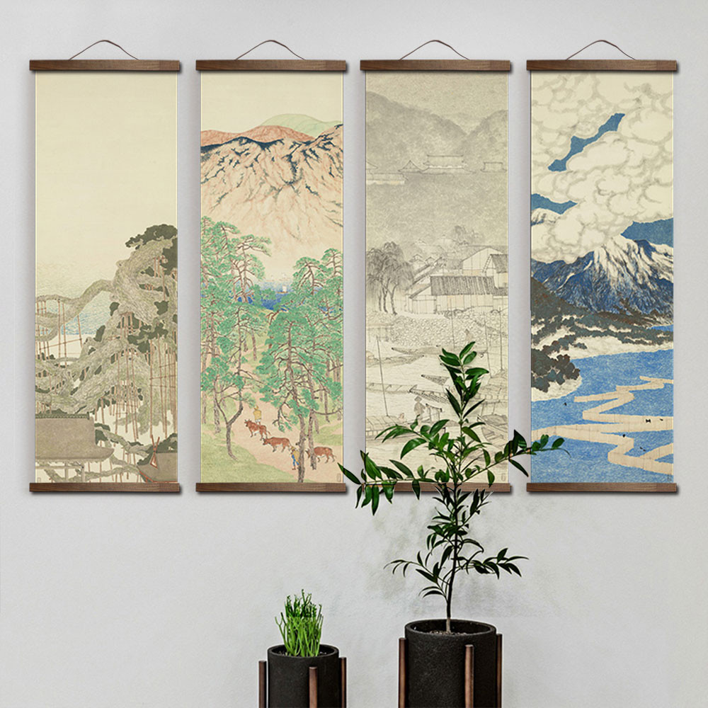 

Japanese Style Ink Landscape Alpine Canvas Decorative Bedroom Living Room Wall Art Posters Chinese Solid Wood Scroll Paintings