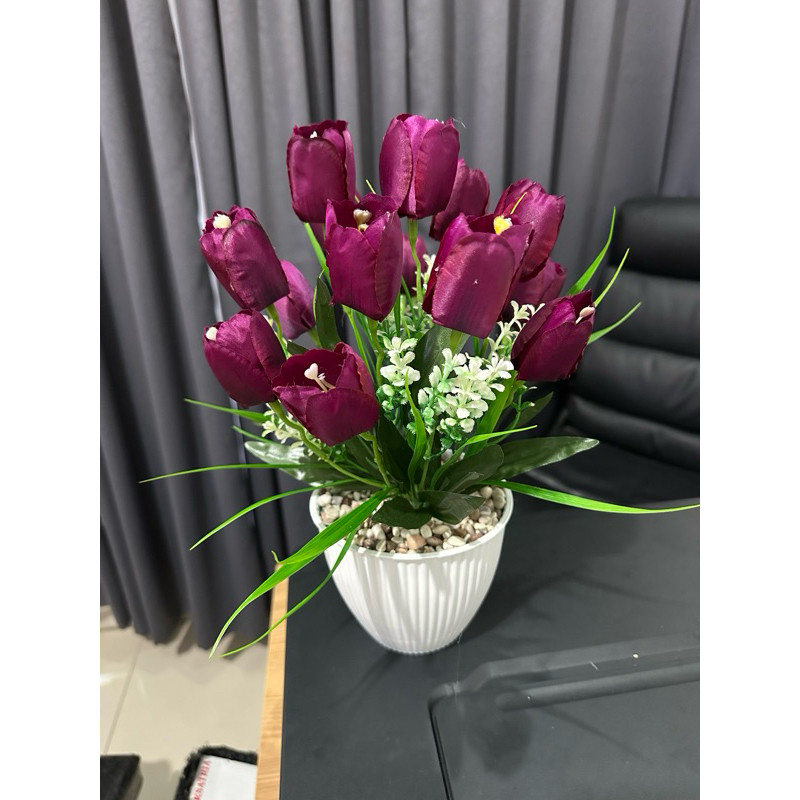 bungapalsu RANGKAIAN BUNGA TULIP KAIN ARTIFICIAL K14 POT KERANG
