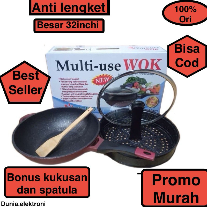 Panci Wok Omicko 32cm Pan Marble Anti Lengket + Kukusan Wajan Sangat Tebal Wajan Kukus Omicko TERLAR