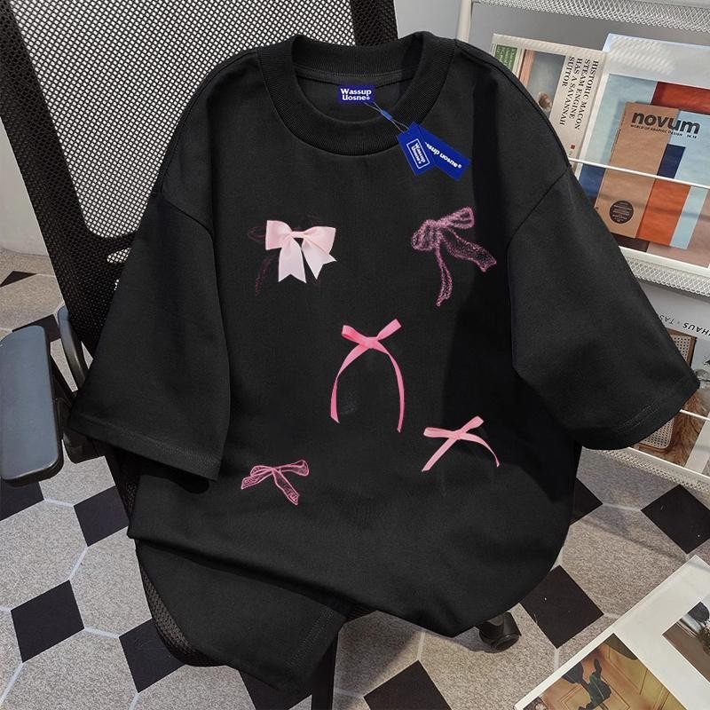 Mode Korea Busur Kipas baju atasan wanita terbaru kaos pria oversize couple t shirt vintage Combed C