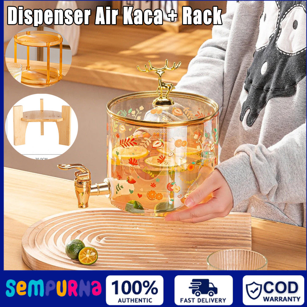 2.6L Dispenser Air Kaca / Ketel Air Kaca dengan Tatakan Kayu / Glass Dispenser Estetik / Tempat Minu