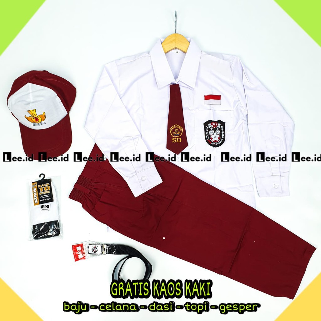 azamtea2STORELee Setelan Super Lengkap Seragam Sekolah SD Merah Putih Lengan Panjang Laki-laki Kelas