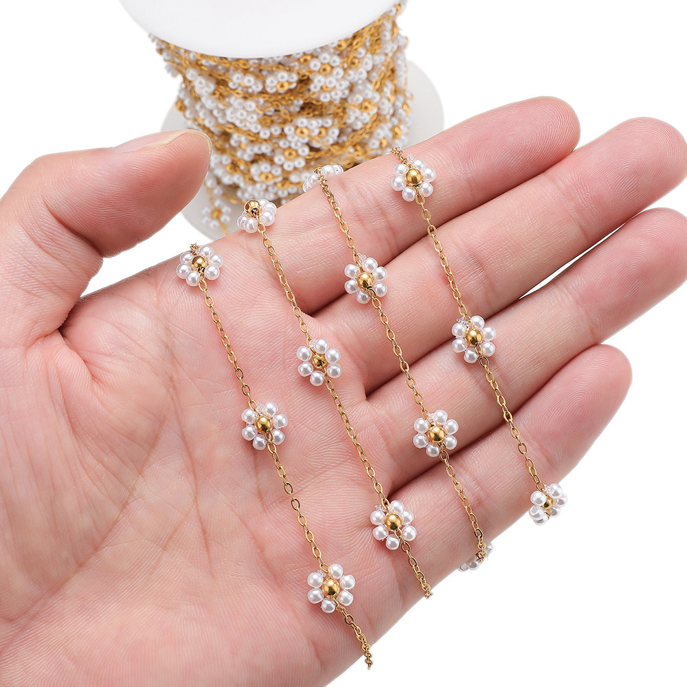 

1 Meter Stainless Steel Pearl Braided Flowers Flat Link Chains for Crafts Necklaces Anklet Supplies DIY Jewelry Making Wholesale