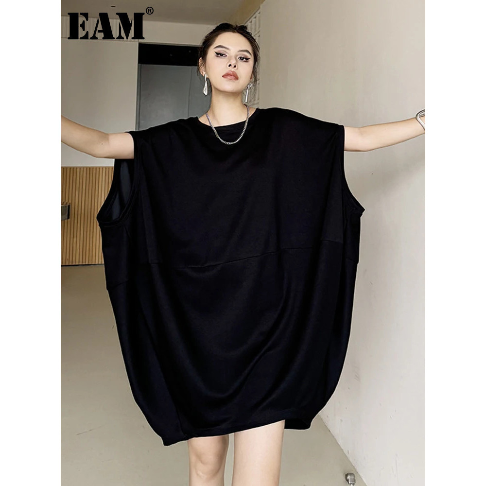 EAM Women Black White Brief Big Size Casual Mini Dress New Round Neck Short Sleeve Fashion Tide Spri