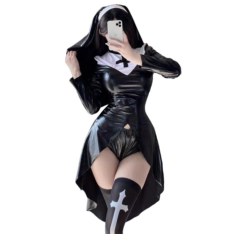 Sexy Gothic Latex Nun Costume Halloween Black PU Leather Sister Role Play Outfit High Split Cross Dr