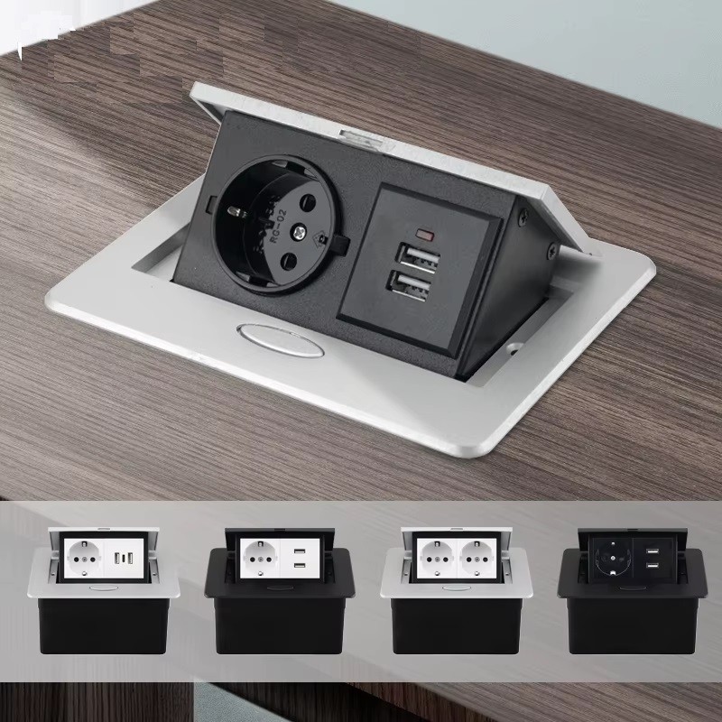 logam penuh Stop Kontak Tanam Meja Soket Pop-up 1 lubang + 2USB- Tertanam Floor/Desk Outlet 1 lubang